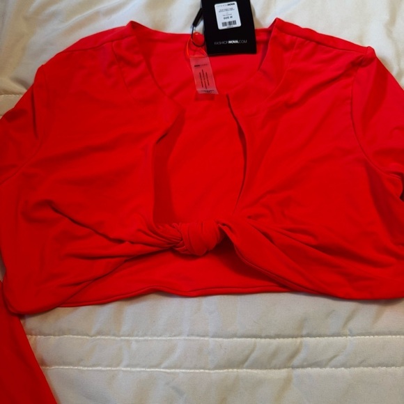 NWT Fashion Nova Bright Orange Long Sleeve Crop Top High Waist Swimsuit Sz M - Picture 5 of 11